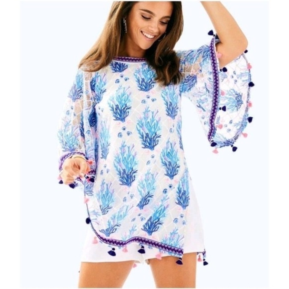 Lilly Pulitzer JACKELIN ROMPER Size 4 Seaspray Gray Off Shore Coral Tassel Lace